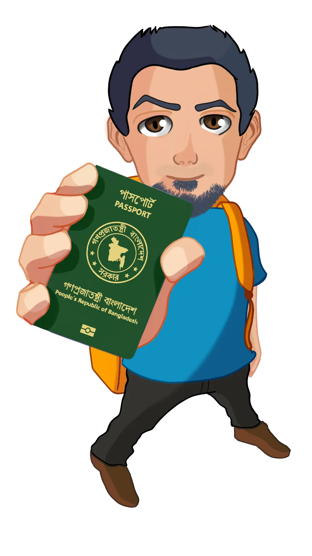 Illustration of Susmit Paul Aranya, the Guy With The Green Passport, holding a Bangladeshi passport